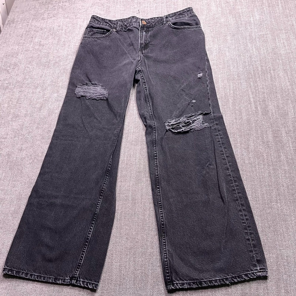 Divided By H&M Jeans Womens 10 Black Denim Dark Wash Distressed Wide Leg Casual